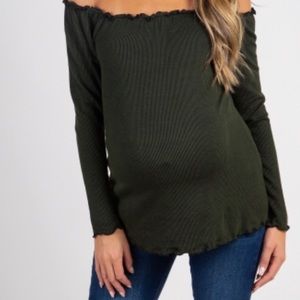 Olive Pinstriped Off Shoulder Ruffle Top maternity